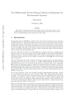 Two Differentially Private Rating Collection Mechanisms for Recommender
  Systems