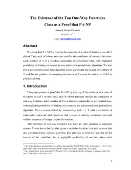 The Existence of the Tau One-Way Functions Class as a Proof that P != NP