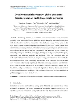 Local communities obstruct global consensus: Naming game on
  multi-local-world networks