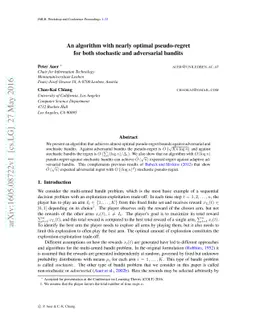An algorithm with nearly optimal pseudo-regret for both stochastic and
  adversarial bandits