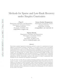 Methods for Sparse and Low-Rank Recovery under Simplex Constraints