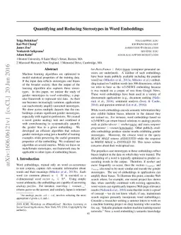 Quantifying and Reducing Stereotypes in Word Embeddings