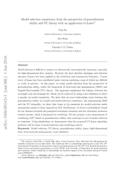 Model selection consistency from the perspective of generalization
  ability and VC theory with an application to Lasso