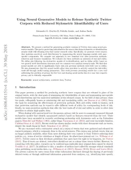 Using Neural Generative Models to Release Synthetic Twitter Corpora with
  Reduced Stylometric Identifiability of Users