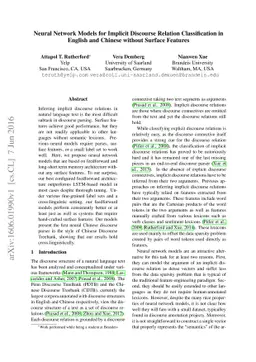 Neural Network Models for Implicit Discourse Relation Classification in
  English and Chinese without Surface Features
