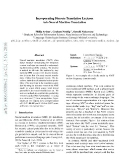 Incorporating Discrete Translation Lexicons into Neural Machine
  Translation