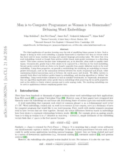 Man is to Computer Programmer as Woman is to Homemaker? Debiasing Word
  Embeddings