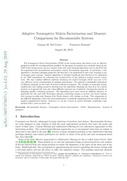 Adaptive Nonnegative Matrix Factorization and Measure Comparisons for
  Recommender Systems