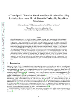A Three Spatial Dimension Wave Latent Force Model for Describing
  Excitation Sources and Electric Potentials Produced by Deep Brain Stimulation