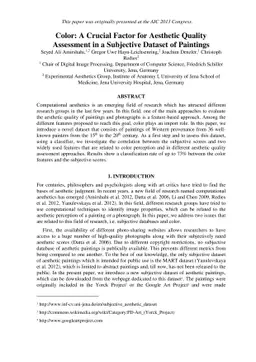 Color: A Crucial Factor for Aesthetic Quality Assessment in a Subjective
  Dataset of Paintings
