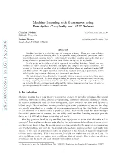 Machine Learning with Guarantees using Descriptive Complexity and SMT
  Solvers