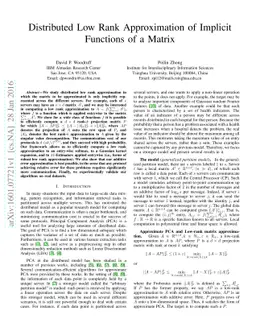 Distributed Low Rank Approximation of Implicit Functions of a Matrix