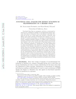 Functional data analysis for density functions by transformation to a
  Hilbert space