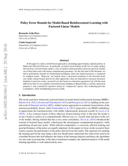 Policy Error Bounds for Model-Based Reinforcement Learning with Factored
  Linear Models