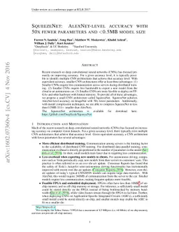 SqueezeNet: AlexNet-level accuracy with 50x fewer parameters and <0.5MB
  model size