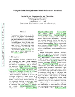 Unsupervised Ranking Model for Entity Coreference Resolution