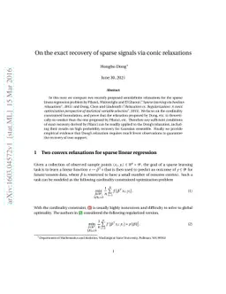 On the exact recovery of sparse signals via conic relaxations