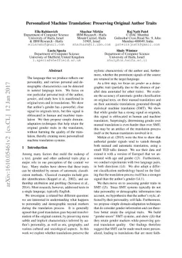 Personalized Machine Translation: Preserving Original Author Traits