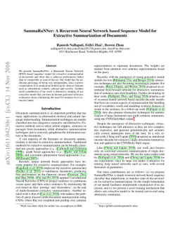 SummaRuNNer: A Recurrent Neural Network based Sequence Model for
  Extractive Summarization of Documents