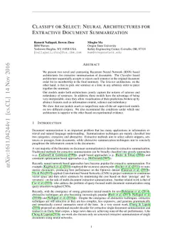 Classify or Select: Neural Architectures for Extractive Document
  Summarization
