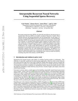 Interpretable Recurrent Neural Networks Using Sequential Sparse Recovery