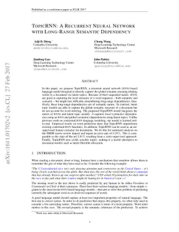 TopicRNN: A Recurrent Neural Network with Long-Range Semantic Dependency