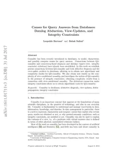 Causes for Query Answers from Databases: Datalog Abduction,
  View-Updates, and Integrity Constraints
