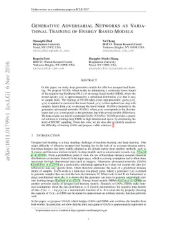 Generative Adversarial Networks as Variational Training of Energy Based
  Models