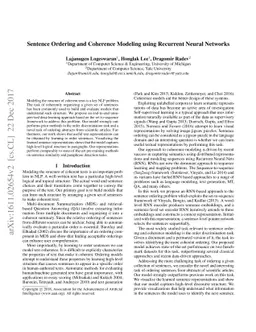 Sentence Ordering and Coherence Modeling using Recurrent Neural Networks