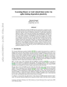 Learning binary or real-valued time-series via spike-timing dependent
  plasticity
