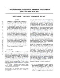 Efficient Orthogonal Parametrisation of Recurrent Neural Networks Using
  Householder Reflections