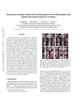 Beyond Face Rotation: Global and Local Perception GAN for Photorealistic
  and Identity Preserving Frontal View Synthesis