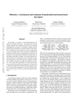 HPatches: A benchmark and evaluation of handcrafted and learned local
  descriptors
