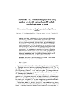 Multimodal MRI brain tumor segmentation using random forests with
  features learned from fully convolutional neural network
