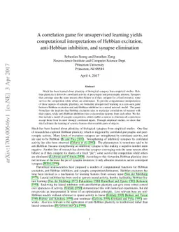 A correlation game for unsupervised learning yields computational
  interpretations of Hebbian excitation, anti-Hebbian inhibition, and synapse
  elimination