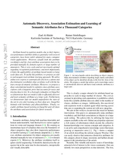 Automatic Discovery, Association Estimation and Learning of Semantic
  Attributes for a Thousand Categories