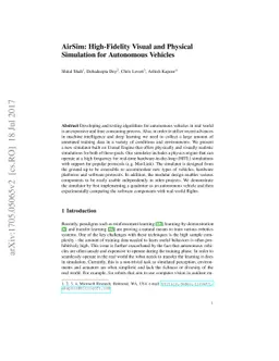 AirSim: High-Fidelity Visual and Physical Simulation for Autonomous
  Vehicles