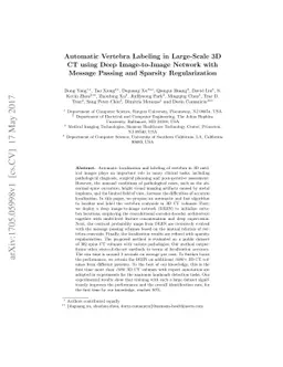 Automatic Vertebra Labeling in Large-Scale 3D CT using Deep
  Image-to-Image Network with Message Passing and Sparsity Regularization