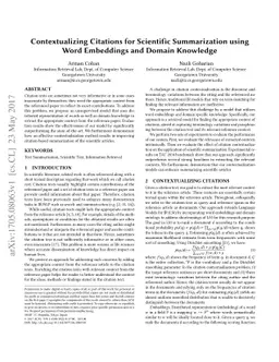 Contextualizing Citations for Scientific Summarization using Word
  Embeddings and Domain Knowledge