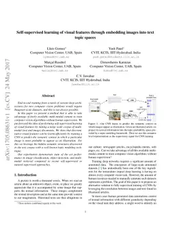 Self-supervised learning of visual features through embedding images
  into text topic spaces