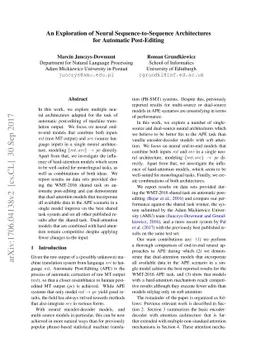 An Exploration of Neural Sequence-to-Sequence Architectures for
  Automatic Post-Editing