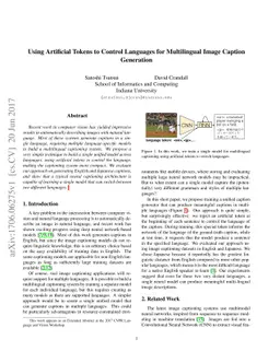 Using Artificial Tokens to Control Languages for Multilingual Image
  Caption Generation