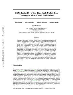 GANs Trained by a Two Time-Scale Update Rule Converge to a Local Nash
  Equilibrium