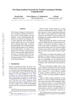 Two-Stage Synthesis Networks for Transfer Learning in Machine
  Comprehension
