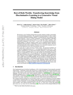 Best of Both Worlds: Transferring Knowledge from Discriminative Learning
  to a Generative Visual Dialog Model