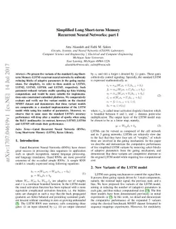 Simplified Long Short-term Memory Recurrent Neural Networks: part I