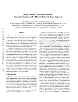 Query-Focused Video Summarization: Dataset, Evaluation, and A Memory
  Network Based Approach