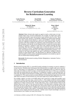 Reverse Curriculum Generation for Reinforcement Learning
