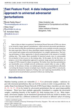 Fast Feature Fool: A data independent approach to universal adversarial
  perturbations