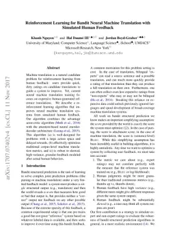 Reinforcement Learning for Bandit Neural Machine Translation with
  Simulated Human Feedback